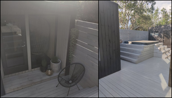 Samsett mynd af sérsmíðaðri sánu með forrými og stílhreinum sólpalli með burðargrind fyrir heitan pott.